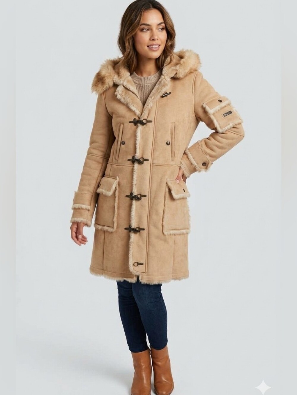 Vintage Y2K Pepe Jeans Women's Large Shearling Faux Fur Toggle Coat Jacket